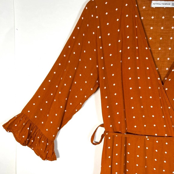 Faithfull The Brand Women's Carmel Mini Wrap Dress 8 Brown Orange Ruffled - Picture 4 of 9